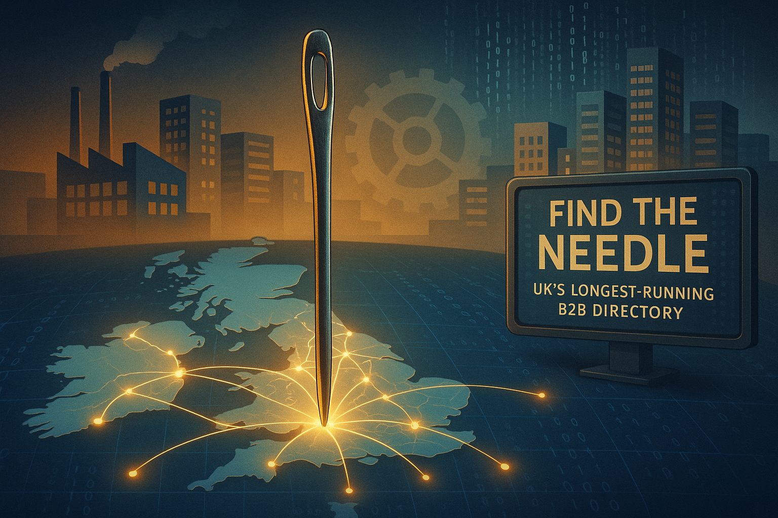 Illustration of a large sewing needle pinpointing the UK on a digital map, with glowing connection lines and industrial buildings in the background, promoting a B2B directory.