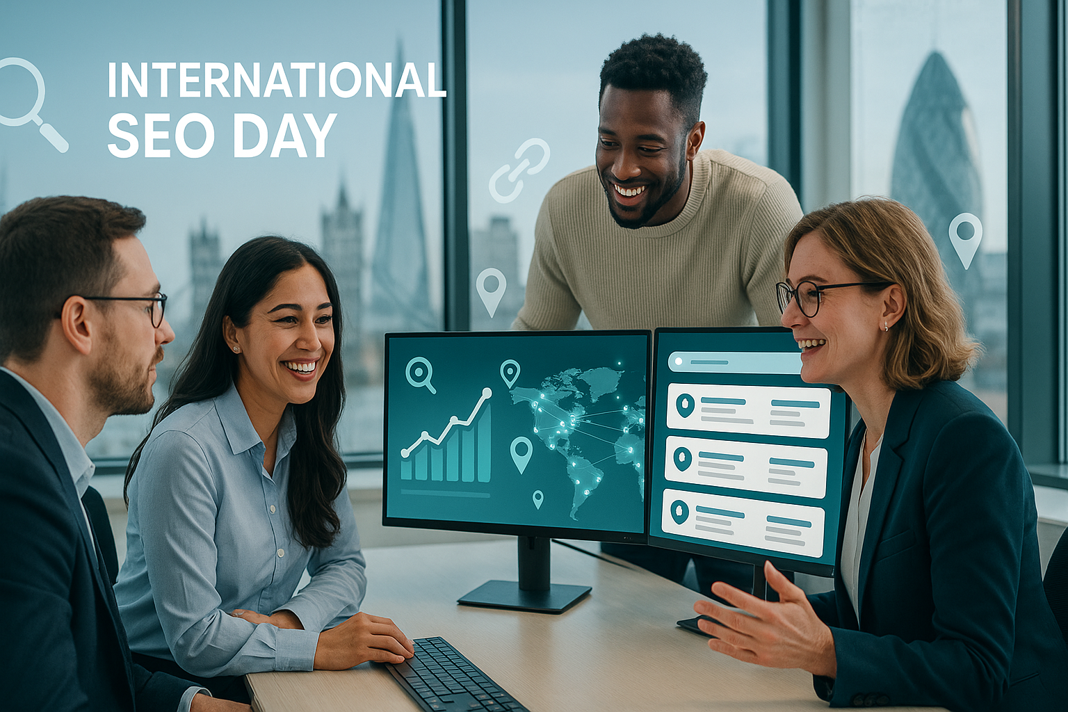 Team reviewing analytics and global connections that represent international SEO and B2B directory visibility.