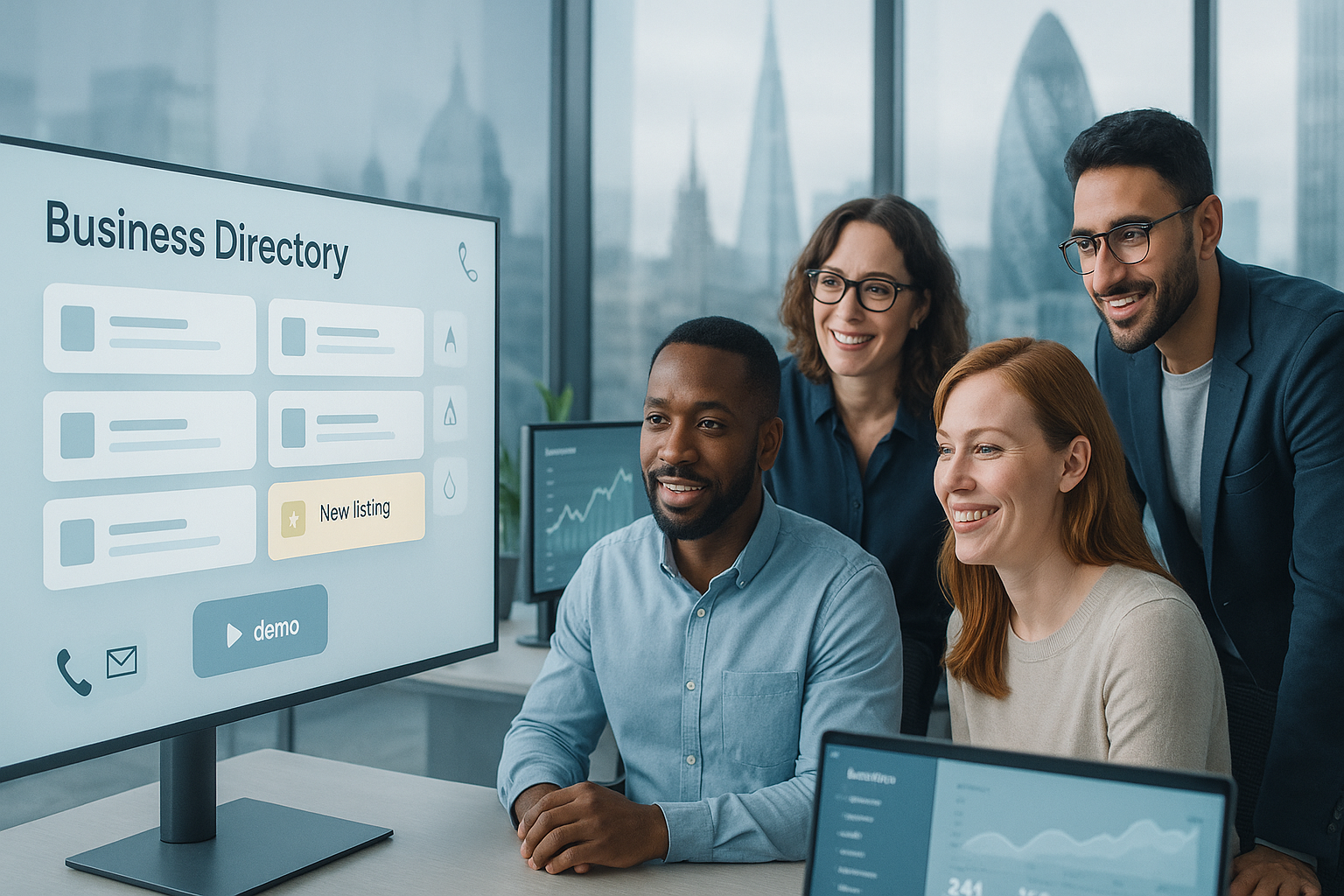 Modern UK office scene with a digital directory and demo icons, representing company registration and free trial.
