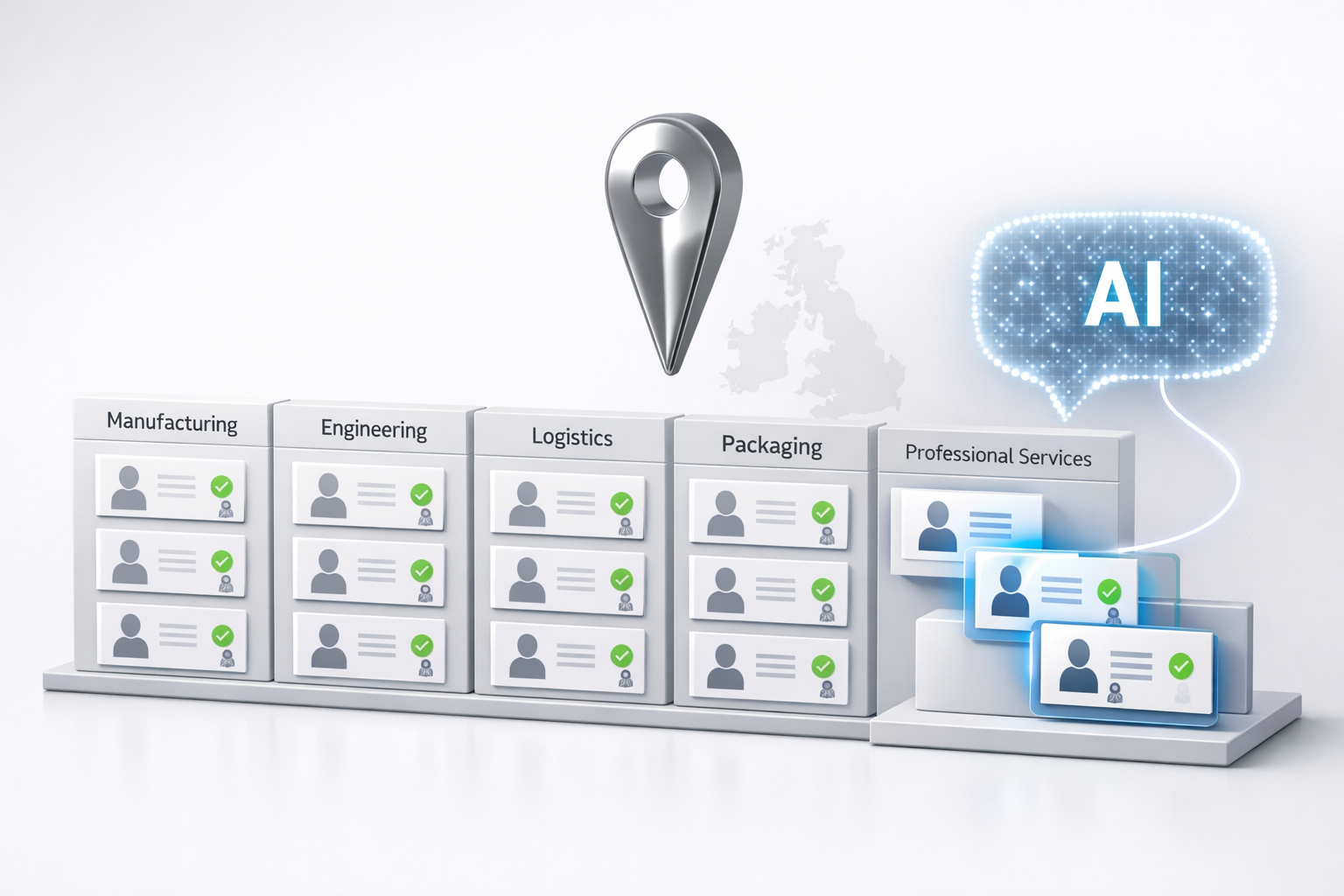 AI-powered workforce management showing organized employee profiles across manufacturing, engineering, logistics, packaging, and professional services.